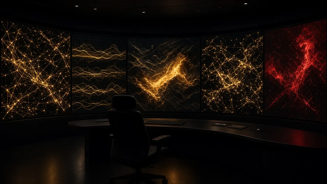 Narrative intelligence monitoring room with screens tracking online conversations — disinformation and media monitoring in Kenya