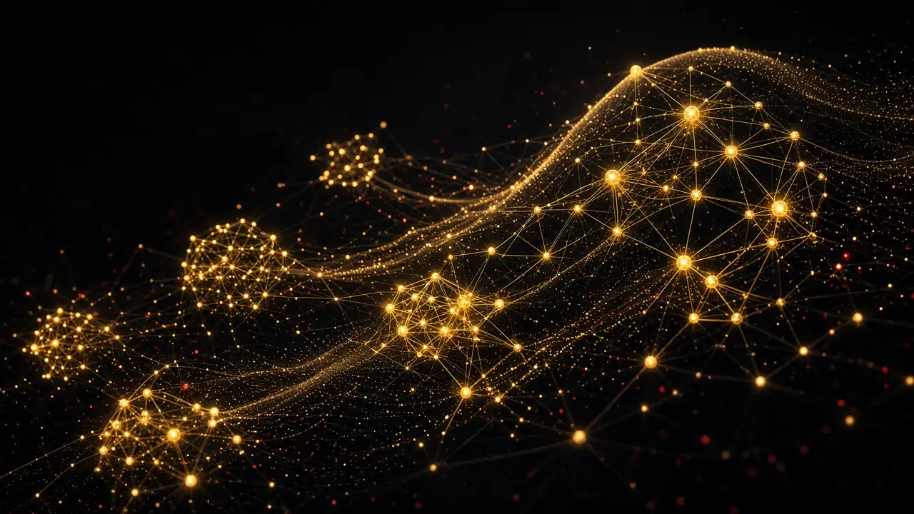 Abstract gold network visualisation of a trending conversation — X (Twitter) trends and social media campaigns in Kenya